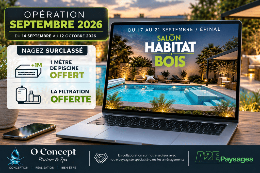 aOpération Septembre 2026 - 1 mètre de piscine offert et filtration offerte - O Concept Piscines et Spa
