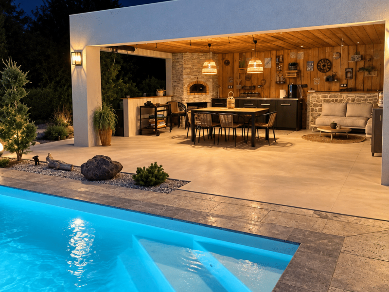 Pergola avec cuisine d'été, salon et piscine éclairés au crépuscule - réalisation O Concept